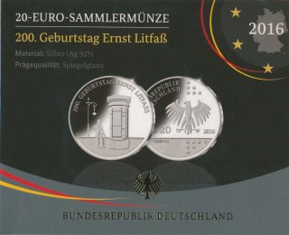 Deutschland 2016 - 20 Euro - 200. Geburtstag Ernst Litfa PP im VfS-Folder*