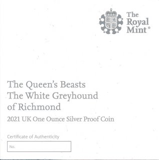 Grobritannien 2021 - Queens Beasts - White Greyhound of Richmond - 1 Oz Silber PP im Etui*