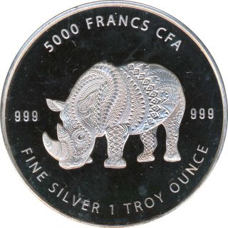 Tschad 5000 Francs 2018 PP Nashorn eine Unze Silber*
