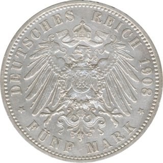 Preussen 5 Mark 1908 A Wilhelm II Silber*