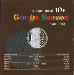 Belgien 10 Euro 2003 PP Georges Simenon Silber im Folder*