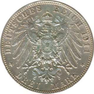 Bayern 3 Mark 1911 D 90. Geburtstag von Prinzregent Luitpold Silber*