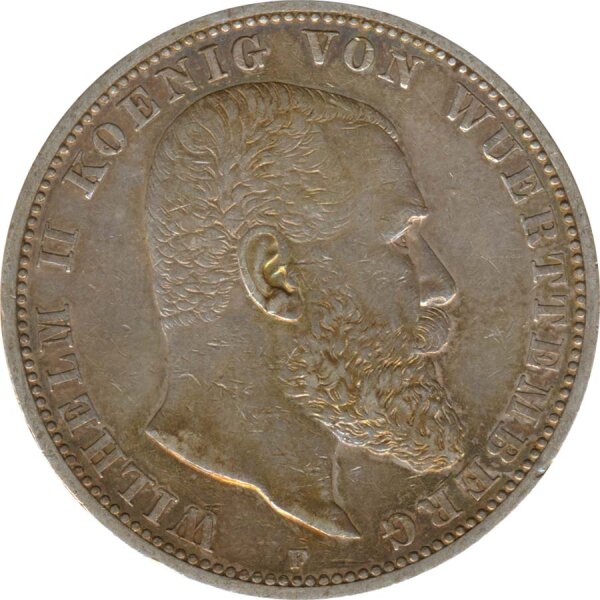 W&uuml;rttemberg 5 Mark 1907 F Wilhelm II Silber*