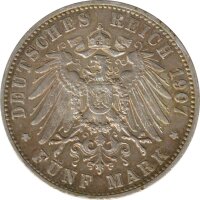 W&uuml;rttemberg 5 Mark 1907 F Wilhelm II Silber*