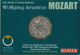 �sterreich 5 Euro 2006 Wolfgang Amadeus Mozart im Folder Silber*