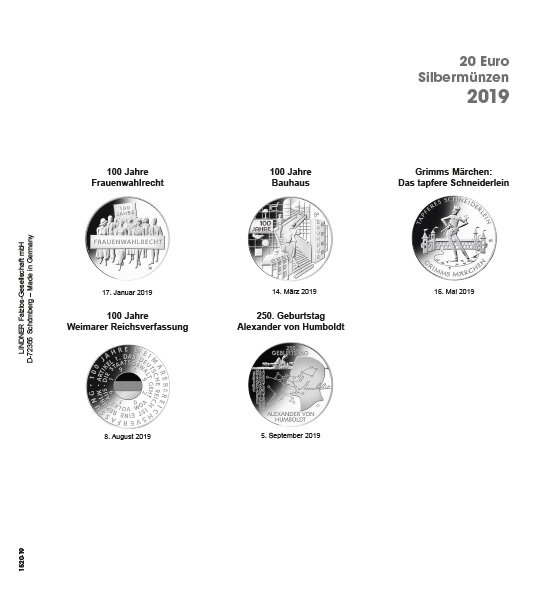Lindner Vordruckblatt f. 20 Euro - Gedenkm&uuml;nzen Deutschland 2019