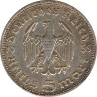Drittes Reich 5 Mark 1935 D Paul von Hindenburg Silber*
