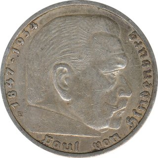 Drittes Reich 5 Mark 1935 E Paul von Hindenburg Silber*