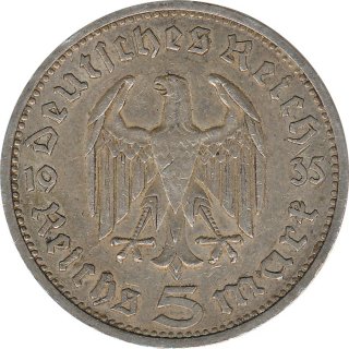 Drittes Reich 5 Mark 1935 E Paul von Hindenburg Silber*