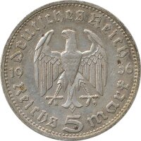 Drittes Reich 5 Mark 1936 D Paul von Hindenburg Silber*