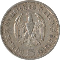 Drittes Reich 5 Mark 1936 E Paul von Hindenburg Silber*