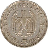 Drittes Reich 5 Mark 1936 F Paul von Hindenburg Silber*