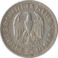 Drittes Reich 5 Mark 1936 G Paul von Hindenburg Silber*