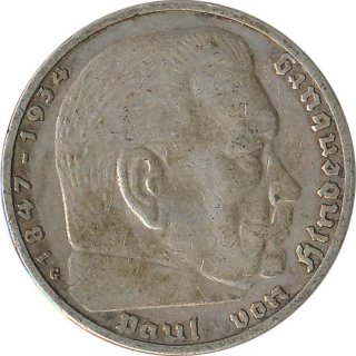 Drittes Reich 5 Mark 1936 G Paul von Hindenburg J. 367 Silber*