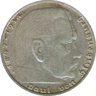 Drittes Reich 5 Mark 1937 D Paul von Hindenburg J. 367 Silber*