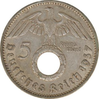 Drittes Reich 5 Mark 1937 D Paul von Hindenburg J. 367 Silber*