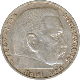 Drittes Reich 5 Mark 1937 F Paul von Hindenburg J. 367 Silber*