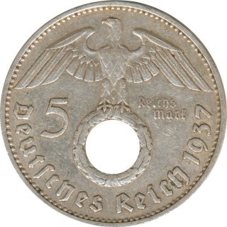 Drittes Reich 5 Mark 1937 F Paul von Hindenburg J. 367 Silber*