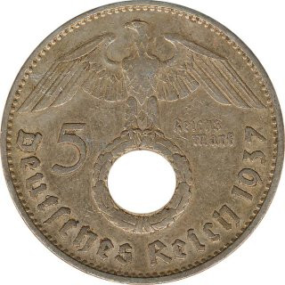 Drittes Reich 5 Mark 1937 G Paul von Hindenburg J. 367 Silber*