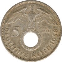 Drittes Reich 5 Mark 1938 E Paul von Hindenburg J. 367 Silber*