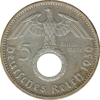 Drittes Reich 5 Mark 1939 A Paul von Hindenburg J. 367 Silber*