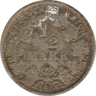 Kaiserreich J.016 1906 F Kleinmünze 1/2 Mark Silber*