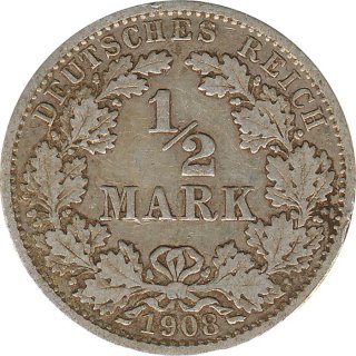 Kaiserreich J.016 1908 G Kleinmnze 1/2 Mark Silber*