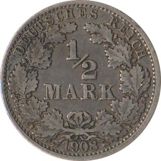 Kaiserreich J.016 1908 J Kleinmnze 1/2 Mark Silber*