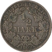 Kaiserreich J.016 1909 D Kleinm&uuml;nze 1/2 Mark Silber*
