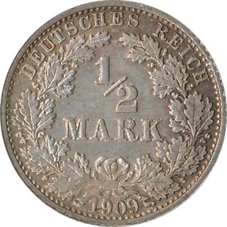Kaiserreich J.016 1909 F Kleinmünze 1/2 Mark Silber*