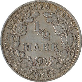 Kaiserreich J.016 1913 F Kleinmünze 1/2 Mark Silber*