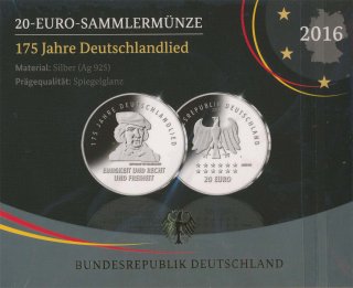 Deutschland 2016 - 20 Euro - 175 Jahre Deutschlandlied PP im Folder der VfS*