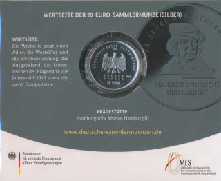 Deutschland 2016 - 20 Euro - 175 Jahre Deutschlandlied PP im Folder der VfS*