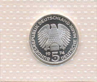 BRD 5 DM 1974 F 25 Jahre Grundgesetz PP Silber in Noppenfolie*