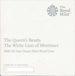 Großbritannien 2020 - Queens Beasts - White Lion of Mortimer - 1 Oz Silber PP im Etui*