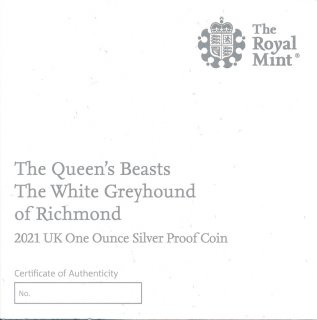 Großbritannien 2021 - Queens Beasts - White Greyhound of Richmond - 1 Oz Silber PP im Etui*