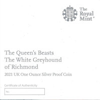 Gro&szlig;britannien 2021 - Queens Beasts - White Greyhound of Richmond - 1 Oz Silber PP im Etui*