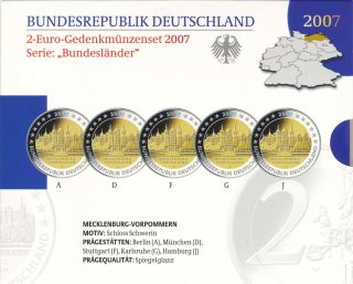 BRD 2 Euro 2007 A-J PP Satz Schweriner Schloss im Folder der VfS*