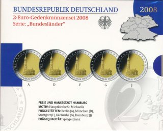 BRD 2 Euro 2008 A-J PP Satz Hauptkirche St. Michaelis im Folder der VfS*