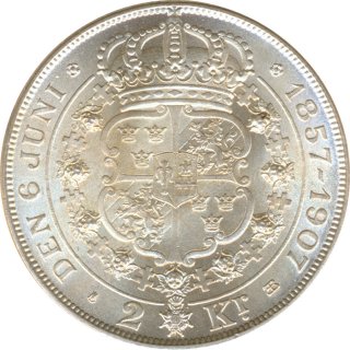 Schweden 2 Kronor 1907 Goldene Hochzeit des Knigspaares Silber*