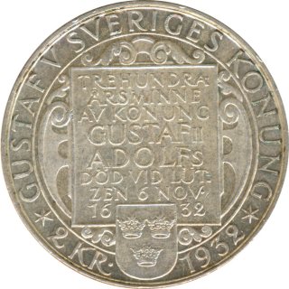 Schweden 2 Kronor 1932 300. Todestag von Gustaf II. Adolf Silber*