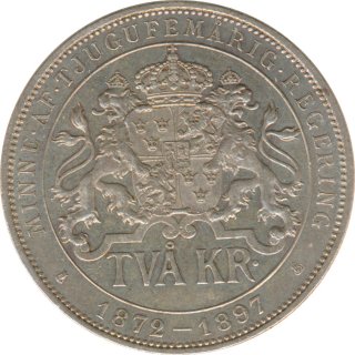 Schweden 2 Kronor 1897 25. Thronjubilum Oscar II. Silber*