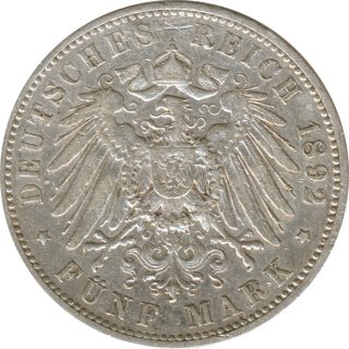 W�rttemberg 5 Mark 1892 F Wilhelm II Silber*