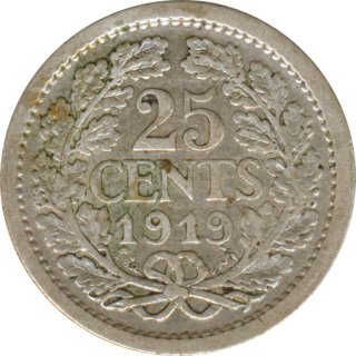 Niederlande 25 Cents 1919 Wilhelmina Silber*
