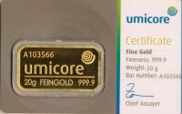 Goldbarren - Umicore 20gr in Karte