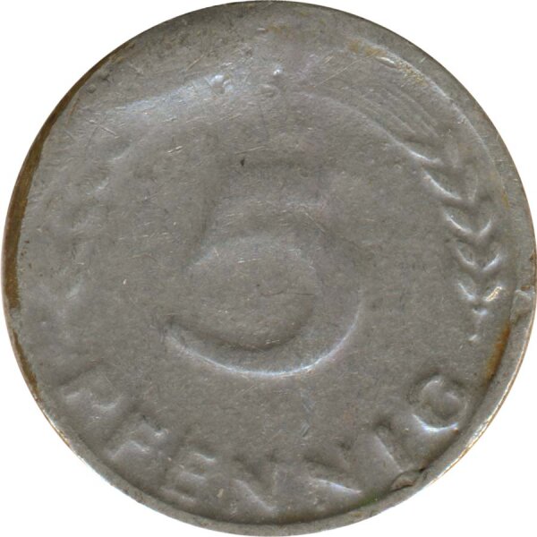 BDL 5 Pfennig 1949 Eichenzweig J.377 Fehlpr&auml;gung ohne Plattierung*
