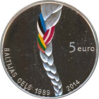 Lettland 5 Euro 2014 - 25 Jahre Baltischer Weg Farbm&uuml;nze Silber im Etui*