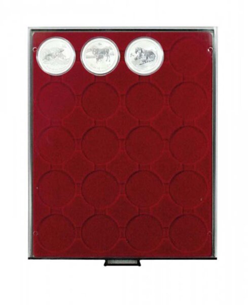 Lindner Münzbox 2943 - rund - Rauchglas / dunkelrote Einlage