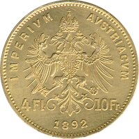 &Ouml;sterreich 10 Franken 1892 - 4 Florin Gold