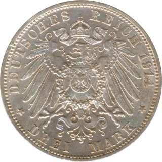 Baden 3 Mark 1914 G Friedrich II Silber*